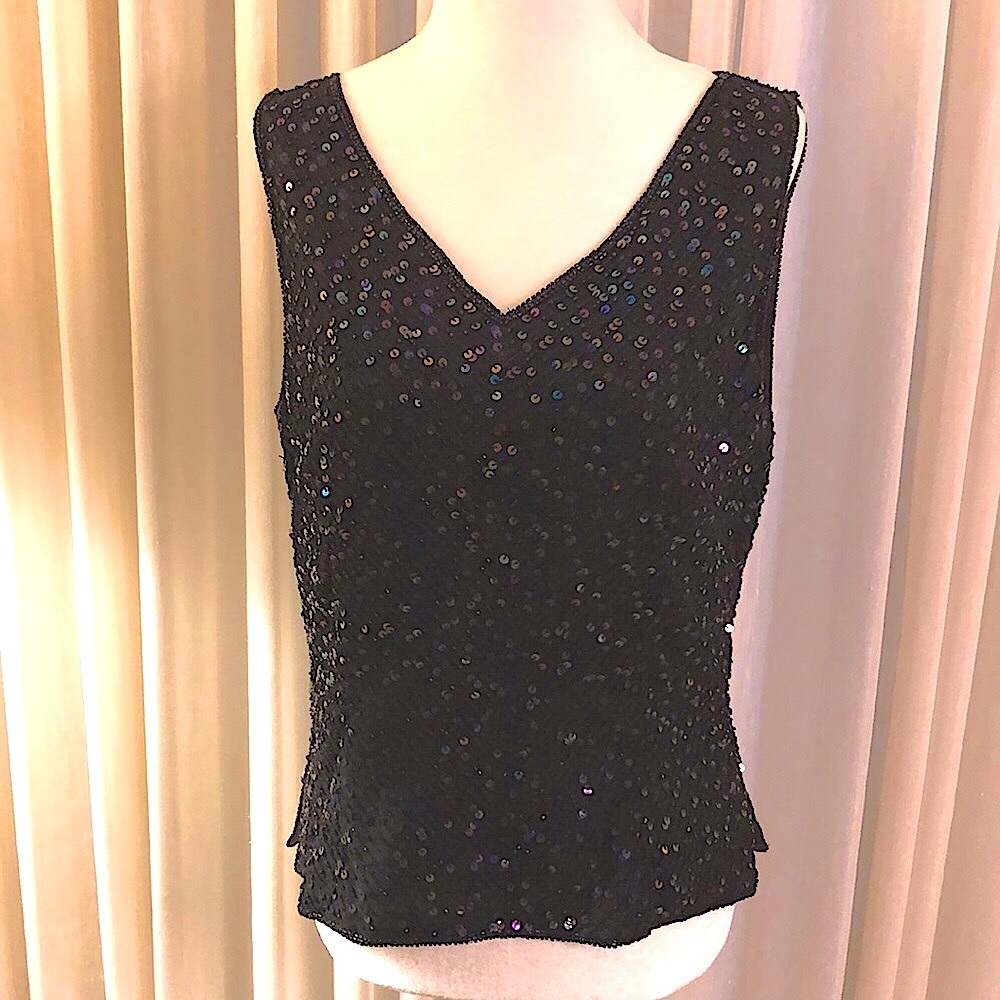 Adrienna Appell Black sequins on silk. even top M